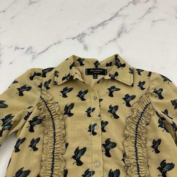 Max Studio Womens Vintage Y2k Ruffle Dress Size XS Tan Blue Birds Academia - Picture 2 of 12